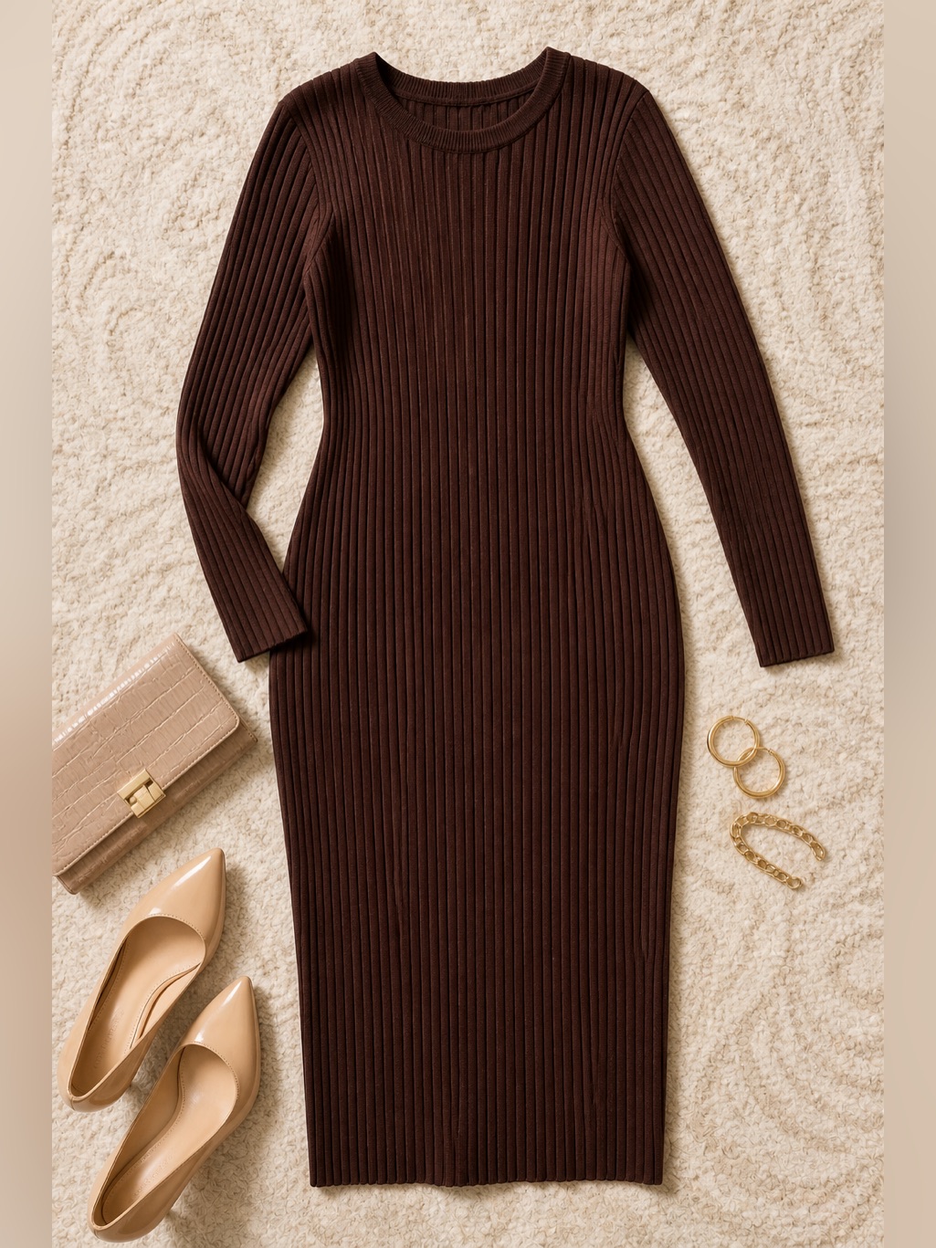 White Mark Ribbed Midi Sweater Dress Brown 1x Plus Size Bodycon Knit Nwt
